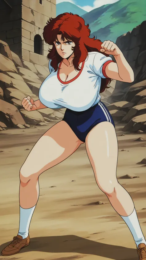 1990's retro anime style,Mamiya in a fighting pose, one woman, reddish brown hair, long hair, curly hair, serious expression, huge breasts, thin white gym uniform with a low neckline on the upper half, no bra, navy blue buruma with white lines on the lower...
