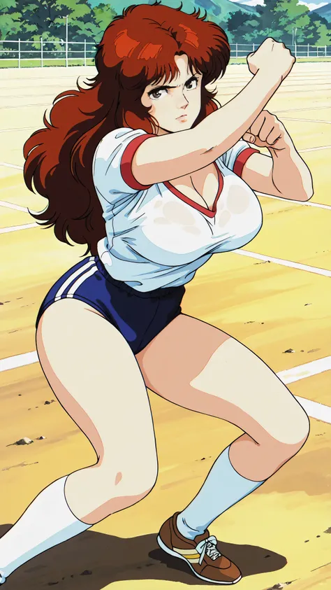 1990's retro anime style,Mamiya in a fighting pose, one woman, reddish brown hair, long hair, curly hair, serious expression, large breasts, thin white gym uniform with a low neckline on the upper half, no bra, navy blue buruma with white lines on the lowe...