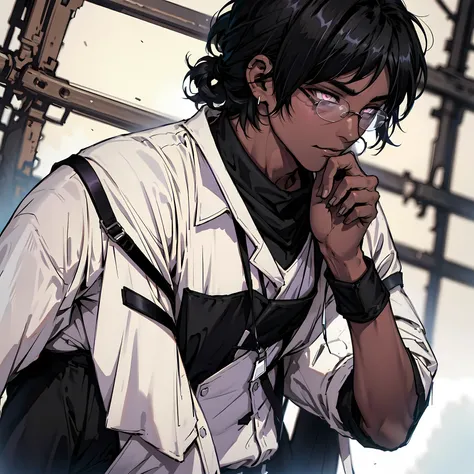 male,young,1.80cm ebony black skin,medium curly hair ,black hair with few purple details purple eyes ,corpo forte,chinelo,sapato, black pants,black and white sleeve shirt,study glasses,blue scarf
