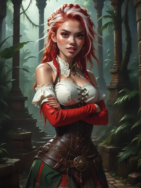 Friendly. Slender body. Lean body-type. Marble-White skin. Cute 18-year-old Aztec and Indonesian girl with Asian red eyes and unnaturally sharp teeth and dreadlocks (white and red hair). Intense red eyes. Sharp and shark-like teeth. She has a cute and beau...