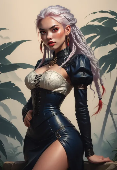 Slender body. Lean body-type. Marble-White skin. Fair skin. Cute 18-year-old Aztec and Indonesian girl with Asian red eyes and unnaturally sharp teeth and dreadlocks (bi-coloured hair: white and red hair). Intense red eyes. Sharp and shark-like teeth. She ...