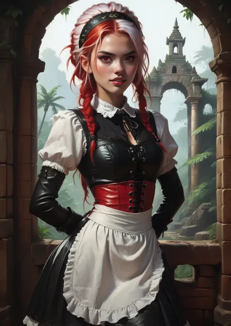 Slender body. Lean body-type. Marble-White skin. Fair skin. Cute 18-year-old Aztec and Indonesian girl with Asian red eyes and unnaturally sharp teeth and dreadlocks (bi-coloured hair: white and red hair; white highlights in her hair). Small head. Intense ...