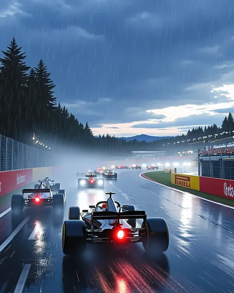 Cinematic racing scene, multiple F1 cars battling through Spa's Eau Rouge, rain mist creating dramatic effect, rooster tails of spray, LED lights piercing through water clouds, intense focus on leading car, dynamic composition, motion blur on barriers, dra...