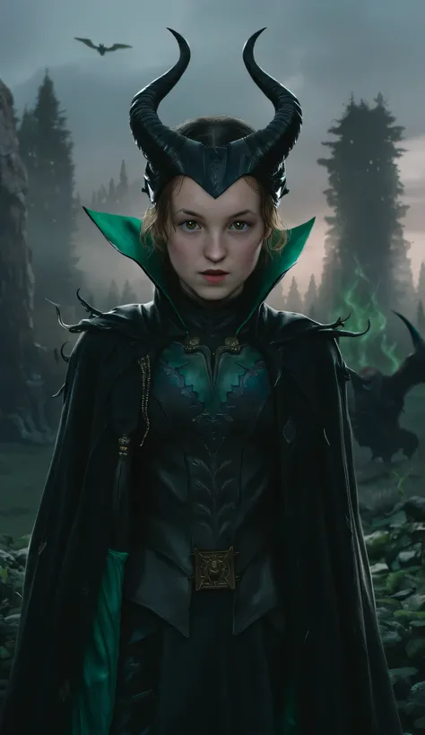 Bella Ramsey as Maleficent, digital painting, teenage dark fairy, soft yet sharp features, short tousled brown hair, wears sleek black horned headpiece, dramatic flowing black cloak with greenish shimmer, dark regal outfit with thorn-like patterns, eyes gl...