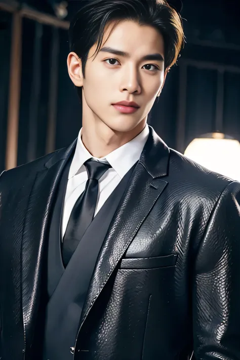 A 21-year-old Asian man, Thick eyebrows, Melon seed face, Handsome face, Men's full body, The background city night street view, Time is night, Deep blue sky, A full moon, his skin is fair, He is slender, the limbs have pronounced muscle lines, high-defini...