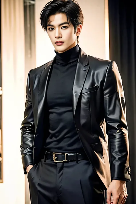 A 21-year-old Asian man, Thick eyebrows, Melon seed face, Handsome face, Men's full body, The background city night street view, Time is night, Deep blue sky, A full moon, his skin is fair, He is slender, the limbs have pronounced muscle lines, high-defini...