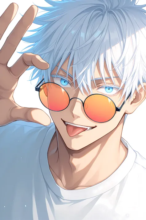 gojou satoru, jujutsu kaisen, 1boy, blue eyes, short hair, white hair, hair between eyes, portrait, colored eyelashes, sunglasses, round eyewear, shirt, looking at viewer, solo, male focus, simple background, white background, smile, closed mouth, hand up,...