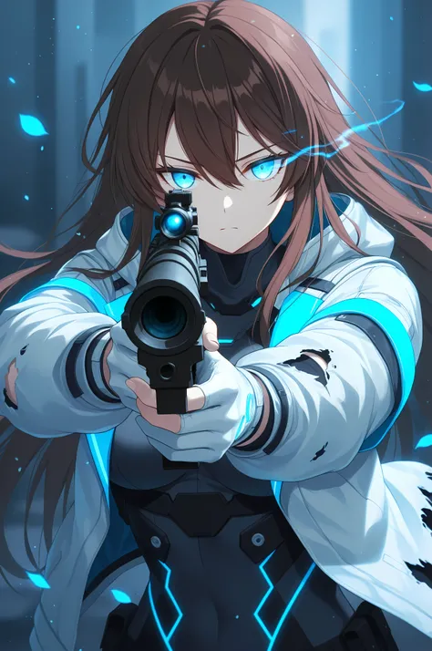 1girl, brown hair, long hair, blue eyes, hair between eyes, serious, glowing eye, jitome, tsurime, gloves, jacket, long sleeves, torn clothes, looking at viewer, scope, glowing, neon trim, petals, solo, aiming, holding, aiming at viewer, open clothes, open...