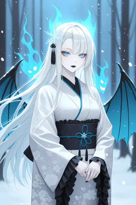 masterpiece, best quality, amazing quality, very aesthetic, portrait, front view, 1girl, vampire girl, standing, emotionless, blue eyes, eyelashes, black lipstick, pale white skin, white hair, asymmetrical bangs, very long hair, hair ornament, white clothe...