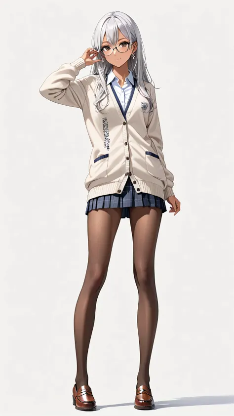 Anatomically Perfectly Correct、日本人とコーカサス人のハーフの高校生の女の子、tanned skin、very slim、very tall、Gal、solo、full body view、Similar to adults、Intelligent face、detailed expressions、Long Silver Hair、shiny hair、wolf cut hair、Silver glasses 、piercings、A high school girl who...