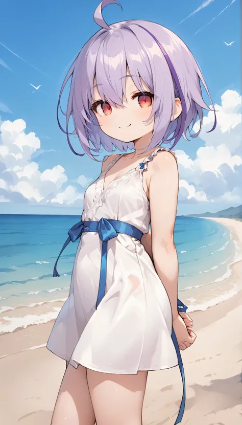 Purple hair,side locks,ahoge,multicolored hair,short hair, red eyes, loli,　solo, I can see my eyebrows from the inside of my hair, hair between eyes,　hair between eyes,　 is embarrassing, masterpiece, Best Quality, very aesthetic, thick thighs, Wide pelvis,...