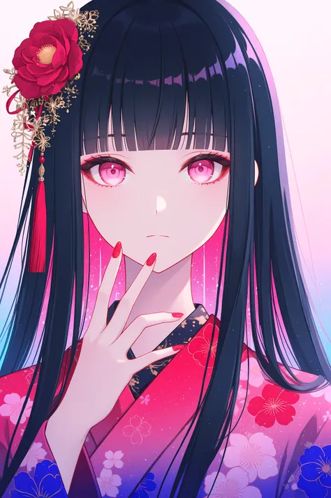 woman, solo, ethereal, crystal red nails, looking at viewer, bangs, pink eyes, long hair, black hair, hair ornament, hand up, flower, blunt bangs, closed mouth, tassel, ribbon, portrait, colorful, gradient background, floral yukata, multicolored hair, uppe...
