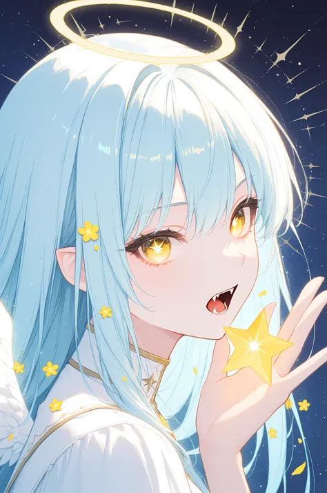 masterpiece, best quality, gothic aesthetic, best detail, absurdres, angelic,  close-up portrait, side view, Light golden Eyes, light blue long hair, smooth hair, yellow Flowers, vampire angel, star eyes, golden eyes, abstract, vampire fangs, halo, wings, ...
