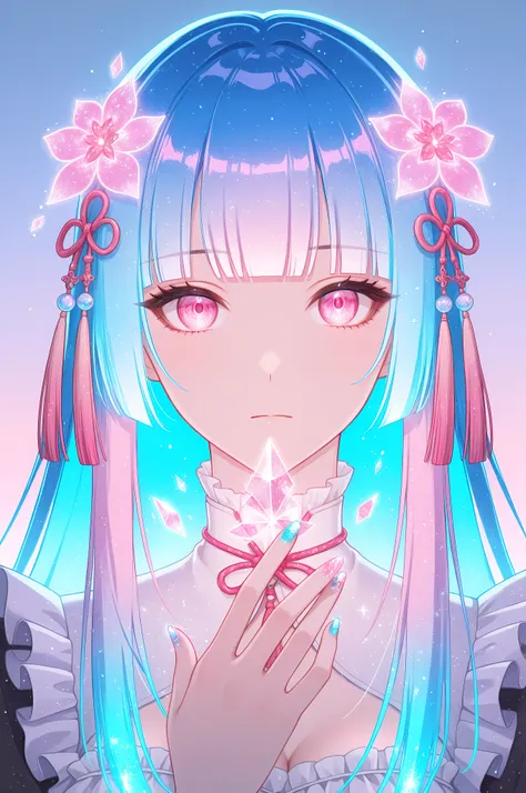 woman, solo, holofoil nails, looking at viewer, holographic, holofoil glitter, glowing, bangs, pink eyes, long hair, neon hair, glowing hair, hair ornament, hand up, flower, blunt bangs, closed mouth, tassel, ribbon, portrait, ethereal, pastel gradient bac...