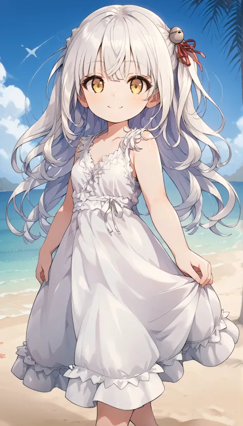 yellow eyes,long hair,white hair, blunt bangs, side locks,bell hair ornament, hair ribbon, red ribbon, loli, single side up,　solo, I can see my eyebrows from the inside of my hair, hair between eyes,　hair between eyes,　 is embarrassing, masterpiece, Best Q...