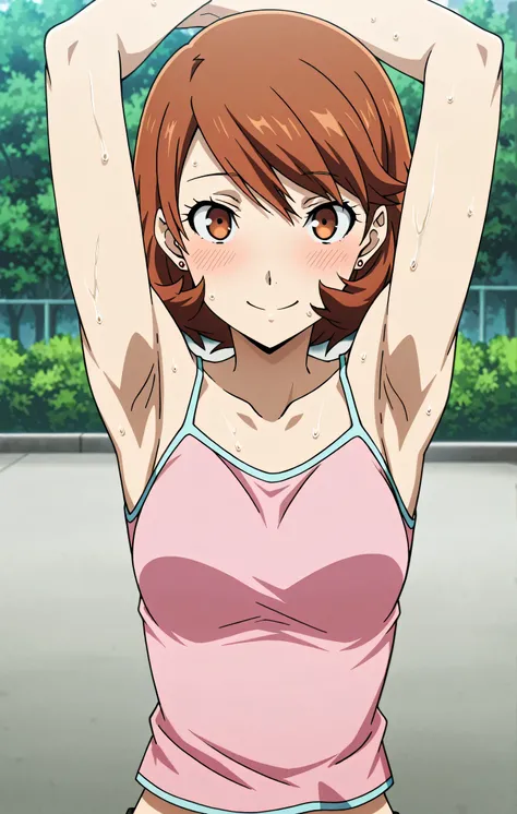 masterpiece, best quality, amazing quality, anime screencap, anime coloring, 1girl, solo, p3yukari, yukari takeba, short hair, light brown hair, earrings, brown eyes, p3yukari-sumcas, tank top, pink camisole, medium breasts, (sweaty:0.7), sleeveless, bare ...