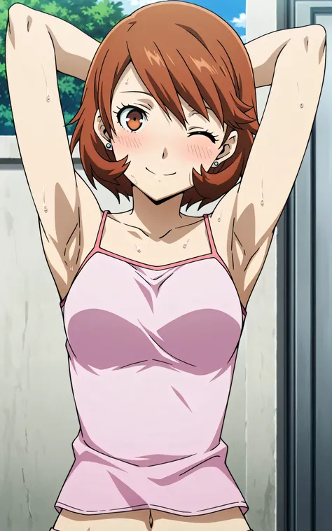 masterpiece, best quality, amazing quality, anime screencap, anime coloring, 1girl, solo, p3yukari, yukari takeba, short hair, light brown hair, earrings, brown eyes, p3yukari-sumcas, tank top, pink camisole, medium breasts, (sweaty:0.7), sleeveless, bare ...