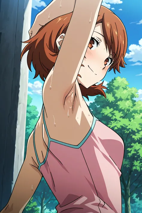 masterpiece, best quality, amazing quality, anime screencap, anime coloring, 1girl, solo, p3yukari, yukari takeba, short hair, light brown hair, earrings, brown eyes, p3yukari-sumcas, tank top, pink camisole, medium breasts, (sweaty:0.7), sleeveless, bare ...