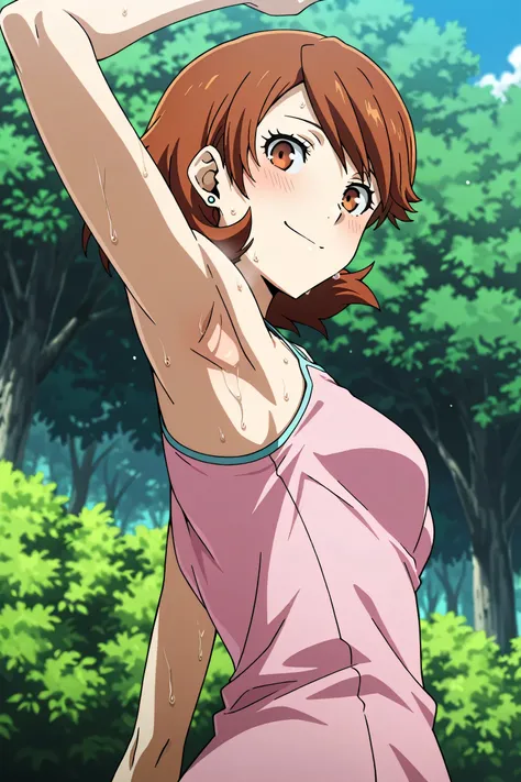 masterpiece, best quality, amazing quality, anime screencap, anime coloring, 1girl, solo, p3yukari, yukari takeba, short hair, light brown hair, earrings, brown eyes, p3yukari-sumcas, tank top, pink camisole, medium breasts, (sweaty:0.7), sleeveless, bare ...