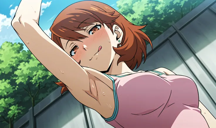 masterpiece, best quality, amazing quality, anime screencap, anime coloring, 1girl, solo, p3yukari, yukari takeba, short hair, light brown hair, earrings, brown eyes, p3yukari-sumcas, tank top, pink camisole, medium breasts, (sweaty:0.7), sleeveless, bare ...
