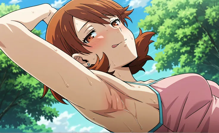 masterpiece, best quality, amazing quality, anime screencap, anime coloring, 1girl, solo, p3yukari, yukari takeba, short hair, light brown hair, earrings, brown eyes, p3yukari-sumcas, tank top, pink camisole, medium breasts, (sweaty:0.7), sleeveless, bare ...