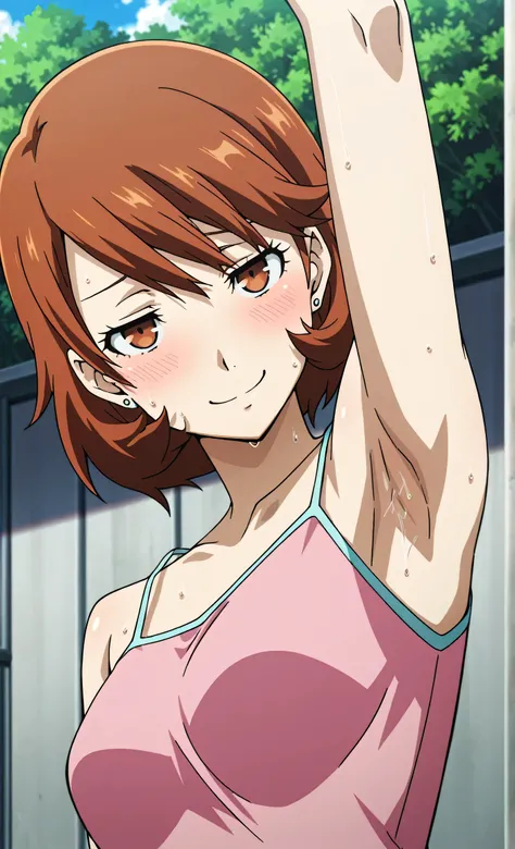 masterpiece, best quality, amazing quality, anime screencap, anime coloring, 1girl, solo, p3yukari, yukari takeba, short hair, light brown hair, earrings, brown eyes, p3yukari-sumcas, tank top, pink camisole, medium breasts, (sweaty:0.7), sleeveless, bare ...