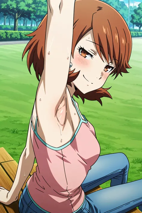 masterpiece, best quality, amazing quality, anime screencap, anime coloring, 1girl, solo, p3yukari, yukari takeba, short hair, light brown hair, earrings, brown eyes, p3yukari-sumcas, tank top, pink camisole, medium breasts, (sweaty:0.7), sleeveless, bare ...