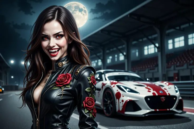 Dracula,03hyp3rd3tail style,w1n,zavy-ctcmcs,a picture of a female vampire race driver standing near her racing car (intense details, Masterpiece, best quality), elegant, glam, fantasy leather racing suit, with rose patterns, high heels boots dynamic clothi...