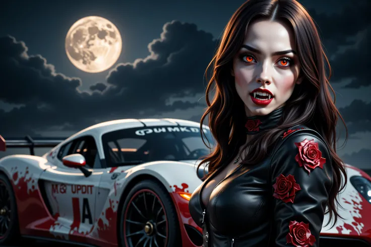 Dracula,03hyp3rd3tail style,w1n,zavy-ctcmcs,a picture of a female vampire race driver standing near her racing car (intense details, Masterpiece, best quality), elegant, glam, fantasy leather racing suit, with rose patterns, high heels boots dynamic clothi...