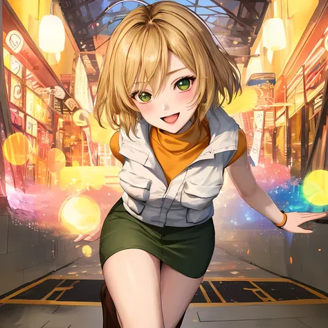 **Prompt:**   half body portrait,  Create a vibrant and charming portrait of a cute girl resembling Heather Mason waifu. Expressive wink eyes, showcasing her best fully body shape with an endearing presence. She has short, stylish blonde hair that adds to ...