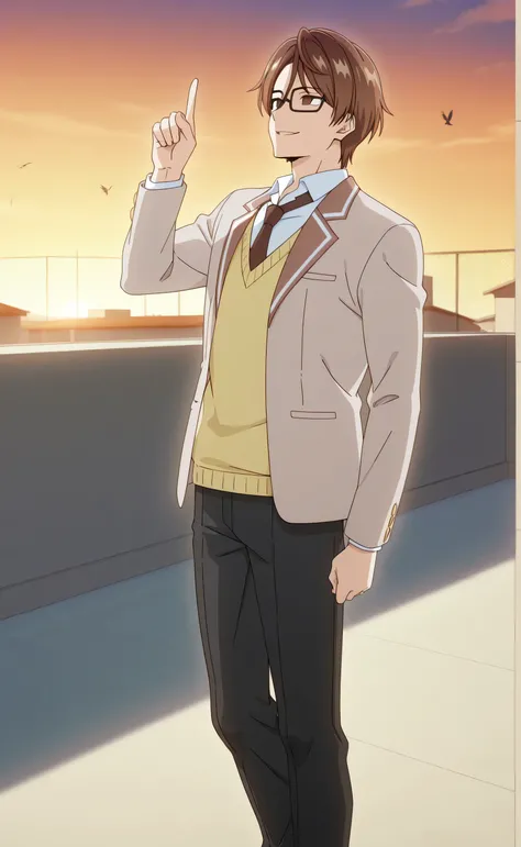 1male,solo,Sōsuke Aizen,short hair,brown hair,brown eyes,2/3eyes,empty eyes,Deceptively gentle smile,squa glasses,black glasses,beige blazer,white shirt,dark brown necktie,yellow sweater vest,Black pants,muscle,standing upright with feet together. One hand...