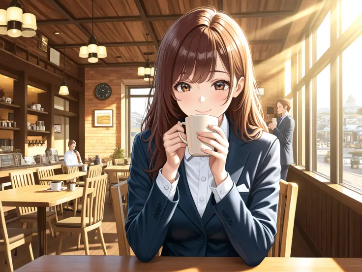 womanhood,brown hair,Suit,OL,cafe,drinking coffee,Hotels,chair,Morning sunlight,Smile,top quality,4K,Rendering,Seimitsu,HDR,Extreme Details,Professional,Vivid Colors,Clean color,grace,calmed down, beautiful