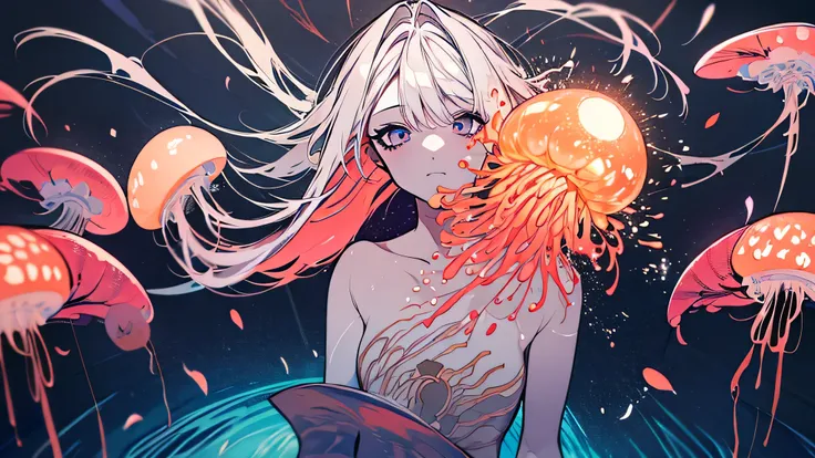 a surreal medium-distance overhead shot of a young woman submerged in a glowing, translucent sea of digital code and ink, her body in a dynamic, floating pose as if swimming through thought itself. Her wide eyes reflect flickering symbols, while strands of...