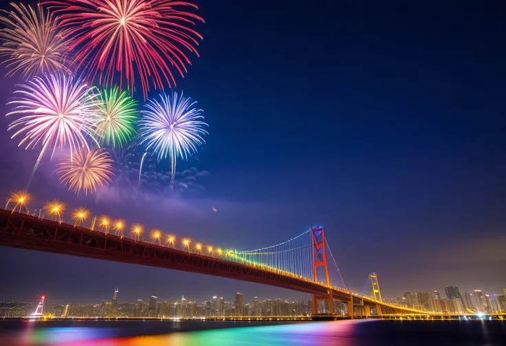 (big launch fireworks),Night view、Chicago、Cannon 17mm、f4、F11 6秒、 iso400、 white fluorescent lamp、Akashi Kaikyo Bridge rainbow color、,fireworks illuminate the night sky、gradation、