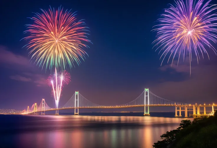 (big launch fireworks),Night view、Chicago、Cannon 17mm、f4、F11 6秒、 iso400、 white fluorescent lamp、(Akashi Strait Bridge),Rainbow Color、,fireworks illuminate the night sky、gradation、