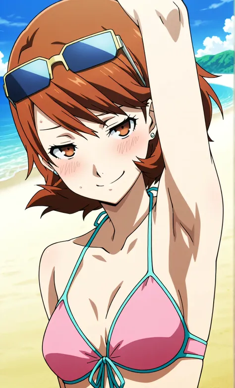 masterpiece, best quality, amazing quality, anime screencap, anime coloring, 1girl, solo, p3yukari, yukari takeba, short hair, light brown hair, earrings, brown eyes, p3yukari-swim, pink bikini, bikini top only, front-tie top, halterneck, eyewear on head, ...