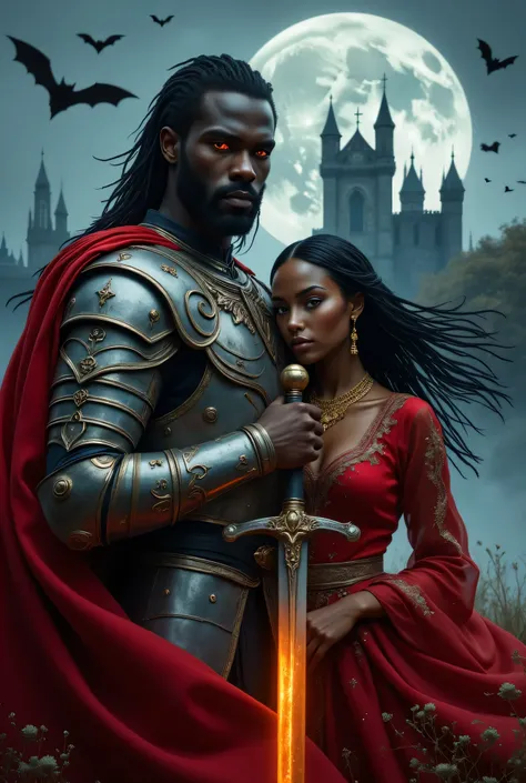 A regal scene unfolds under the luminous backdrop of the beautiful full moon, casting a mystic glow over the landscape. The focus is on a pair standing in front of a gothic castle with towering spires shrouded in a faint mist. The very striking, handsome m...