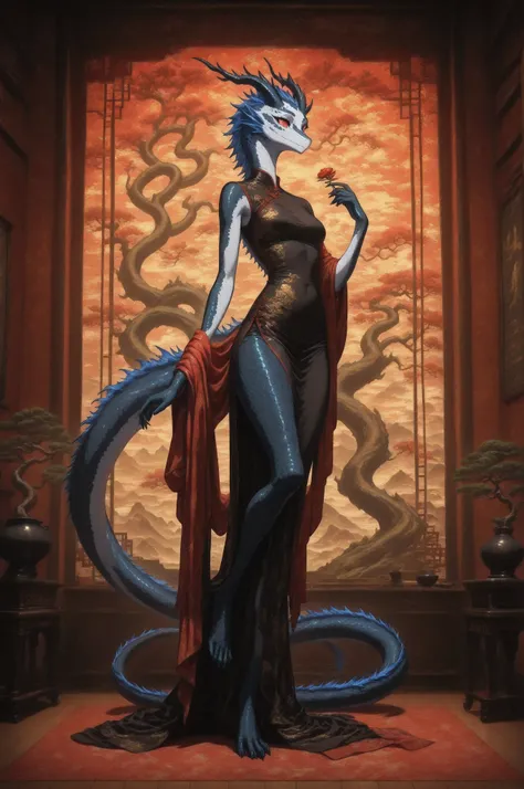 Bright horizontal highlights, Anamorphic_highlights, whole body. Full-length portrait of a girl with white skin covered with scales with draconic features. The scales on her face, with small thick dragon dark horns. A proud and domineering look. The girl i...