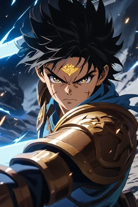 hkstyle, Dai, black hair, brown eyes, a scar on face, small dragon emblem glowing gold brightly on forehead:1.4, looking at viewer, blue sleeveless shirt, armor, flowing in the wind, holding an electric sword made out of blue light with runes, serious expr...