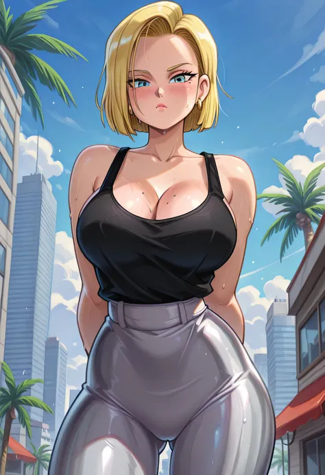 cloud, breasts, sky, blue sky, day, 1girl, earrings, cloudy sky, android 18, mole on breast, jewelry, building, blue eyes, outdoors, blonde hair, solo, mole, arms behind back, cleavage, bare shoulders, tree, collarbone, looking at viewer, standing, large b...