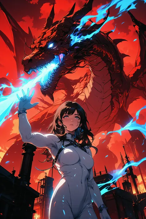 Highest quality, ultra high resolution, 32K, photorealistic details, Anatomically accurate,Surroundings are a world devastated by fire,Rooftop of a building,Red dragon,Big mouth,Big wings,Big tail,Countless scales,(((The dragon has a blue aura wrapped arou...