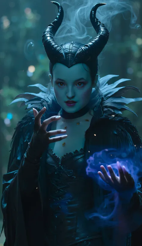 Bella Ramsey as Maleficent, dark sorceress, glowing green skin, glowing amber eyes, wisps of magical smoke rising, ghostly horns, wears black corset with lace-up front, long opera gloves, dramatic feathered collar, fingers radiate blue and purple magical e...