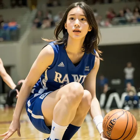 A young female basketball player makes a dynamic jump shot with elegance and control. She holds the ball firmly in both hands, her form showing strong confidence and skill. Her athletic uniform fits her form well, paired with high socks and sneakers in mat...