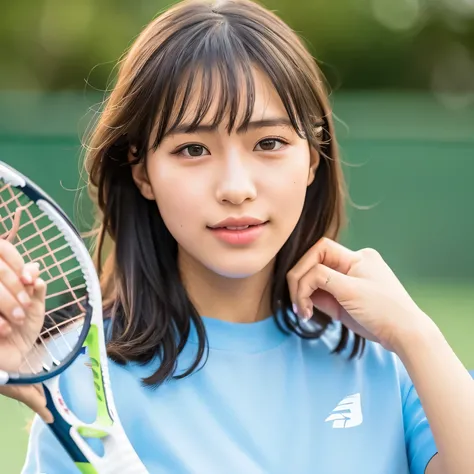 A young female tennis player in a sleek blue outfit stands ready, gripping her racket with both hands in a poised stance. Sunlight accentuates the crisp lines of her attire and the polished strings of the racket. Her determined gaze locks onto an unseen op...