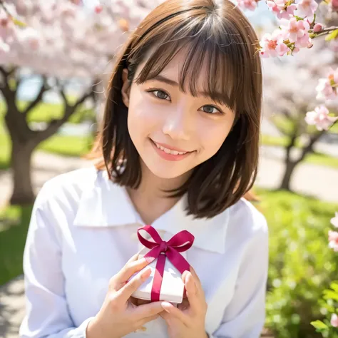 A breathtakingly beautiful 20-year-old woman stands in a lush park filled with cherry blossoms in full bloom beneath a clear blue sky. She wears a classic sailor uniform and gently holds a small, neatly wrapped gift box adorned with a red ribbon. Her radia...