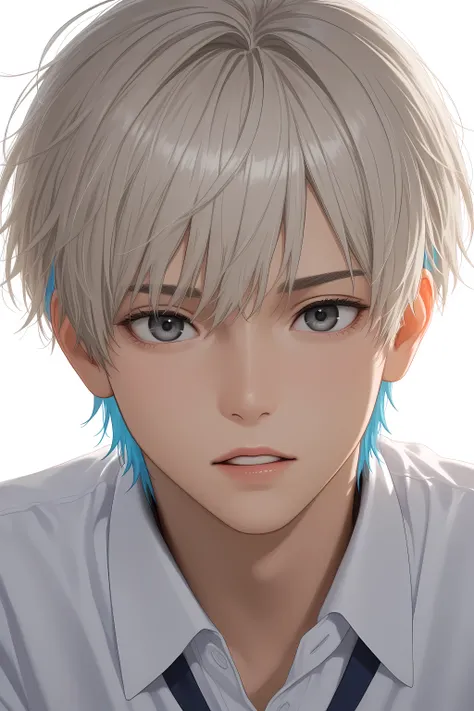 Masterpiece, upper-body portrait of a handsome young Korean male idol, male only, no feminine traits, facing forward, photorealistic anime style, soft lighting, wearing a stylish futuristic school uniform with subtle metallic accents, mysterious expression...