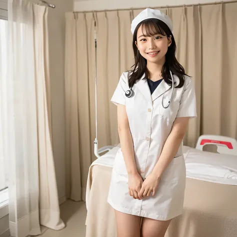 A breathtakingly beautiful 20-year-old woman stands in a warmly lit hospital room, dressed in a white mini-skirt nurse uniform with a matching cap. Her shy smile adds a touch of charm, while the surrounding medical equipment and furnishings create an authe...