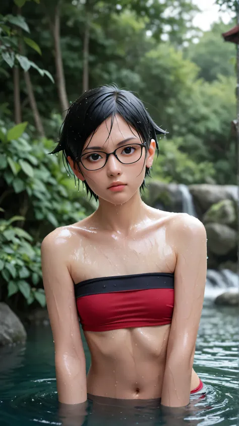 1girl, solo,sarada uchiha,black eyes,black hair,buzz-cut hair,outdoors,potrait,small breast,nature,sitting on water,navel,(wet body:1.5),tube top, wear glasses