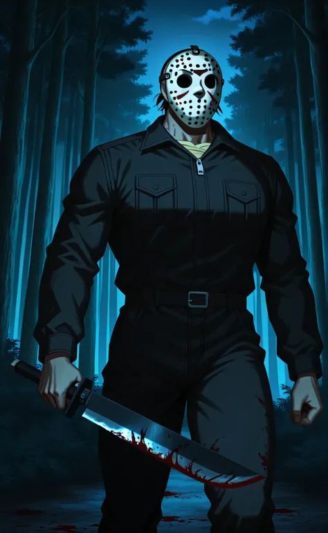 1male,solo,Jason Voorhees,not hair,hockey mask,black Jumpsuit,big muscle,blood on mask,weapons,holding a machete,Horror Theme,forest,night,Detective Conan Style