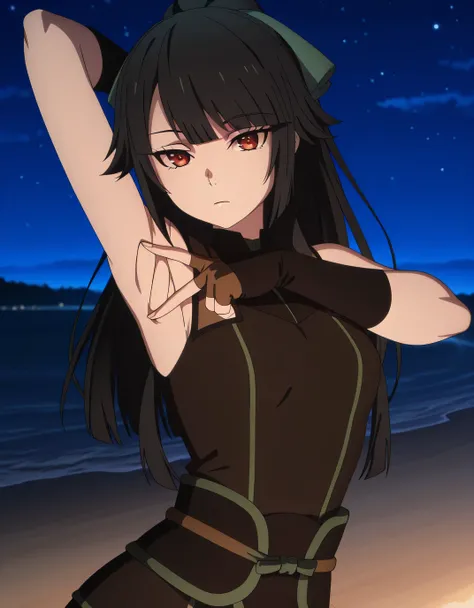 jasmine flamesworth, long hair, black hair, red eyes, bow, brown eyes, ponytail, hair bow, green bow, mature female, small breasts, anime screencap, gloves, fingerless gloves, ninja, sleeveless, sleeveless dress, bare shoulders, high quality, closed mouth,...